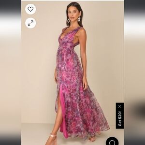 Lulu's Garden Romance Magenta Floral Print Organza Maxi Dress XS